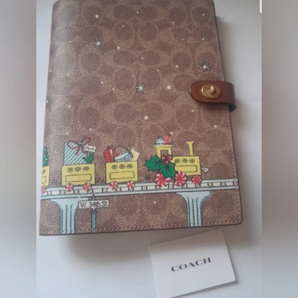 New Coach Notebook In Holiday Train Print In Canvas/Calf Leather